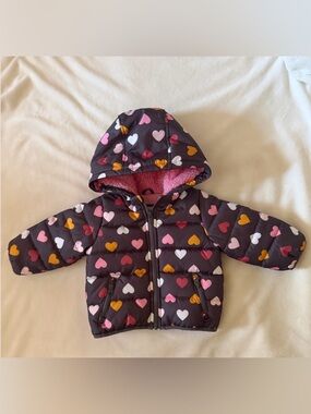 Girls Puffer Jacket - Grey w/ Pink, Red, White & Mustard Hearts